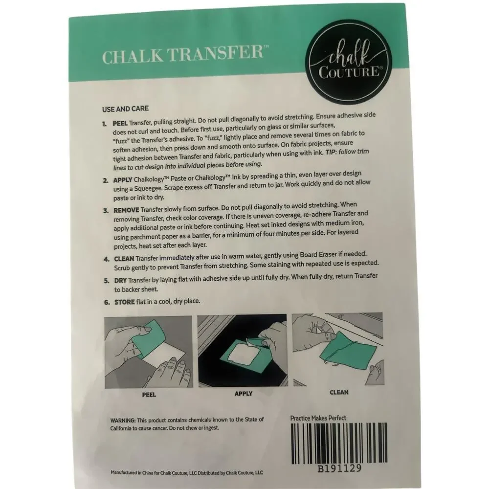 NWT  Practice‎ Chalk Couture 8.5 x 11  Reusable Transfer